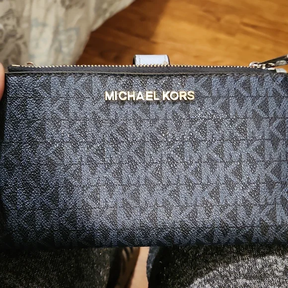 Michael Kors Jet Set Travel Double Zip Wristlet Dark Chambray Blue Mk Signature - Picture 8 of 8